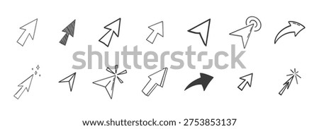 Arrow click icon. Mouse cursor arrow doodle hand drawn sketch icon set, pointer press here tap button. Scribble action type ui interface design element 