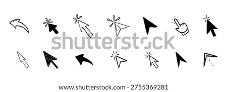 Arrow click icon. Mouse cursor arrow doodle hand drawn sketch icon set, pointer press here tap button. Scribble action type ui interface design element 
