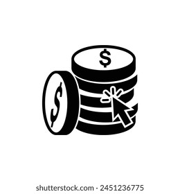 arrow click sign icon on stack of money coins indicates use of cash