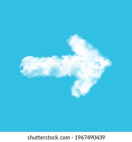 Arrow of clouds on blue sky realistic vector design. 3d white fluffy cumulus clouds and rain fog in shape of arrow pointer, direction sign or guide signboard on bright heaven background