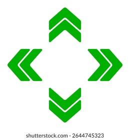 Arrow cluster icon. Green outlined chevrons pointing up, down, left, right. Indicates navigation, orientation, digital movement, or data flow.