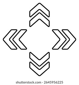 Arrow cluster icon. Green outlined chevrons pointing up, down, left, right. Indicates navigation, orientation, digital movement, or data flow.