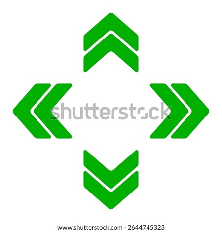 Arrow cluster icon. Green outlined chevrons pointing up, down, left, right. Indicates navigation, orientation, digital movement, or data flow.
