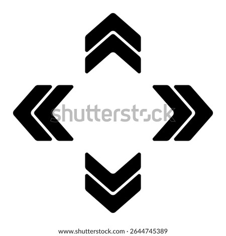 Arrow cluster icon. Green outlined chevrons pointing up, down, left, right. Indicates navigation, orientation, digital movement, or data flow.