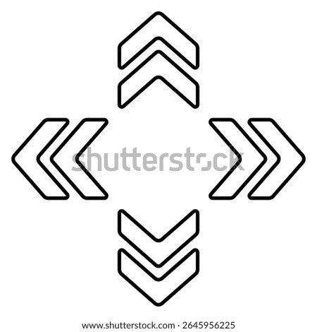 Arrow cluster icon. Green outlined chevrons pointing up, down, left, right. Indicates navigation, orientation, digital movement, or data flow.
