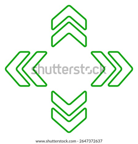 Arrow cluster icon. Green outlined chevrons pointing up, down, left, right. Indicates navigation, orientation, digital movement, or data flow.