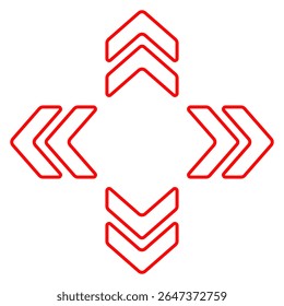 Icono de clúster de flecha. Chevrones perfilados en rojo apuntando hacia arriba, hacia abajo, izquierda, derecha. Indica la navegación, la Orientación, el movimiento digital o el flujo de datos.