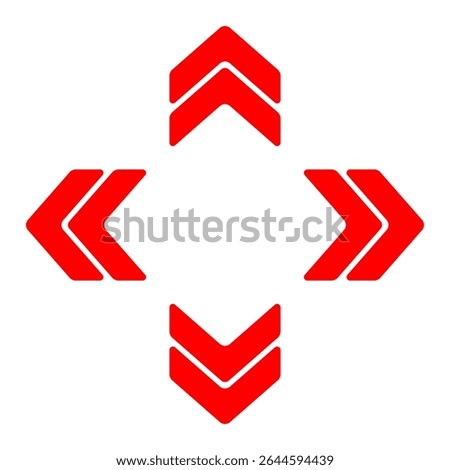 Arrow cluster icon. Red outlined chevrons pointing up, down, left, right. Indicates navigation, orientation, digital movement, or data flow.