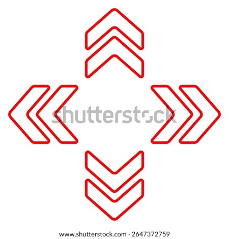 Arrow cluster icon. Red outlined chevrons pointing up, down, left, right. Indicates navigation, orientation, digital movement, or data flow.