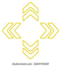 Arrow cluster icon. Yellow outlined chevrons pointing up, down, left, right. Indicates navigation, orientation, digital movement, or data flow.