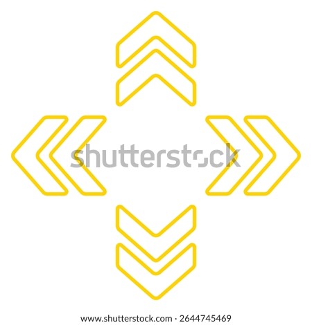 Arrow cluster icon. Yellow outlined chevrons pointing up, down, left, right. Indicates navigation, orientation, digital movement, or data flow.