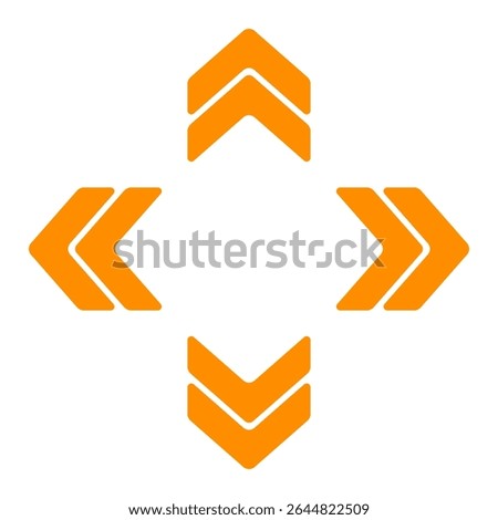 Arrow cluster icon. Yellow outlined chevrons pointing up, down, left, right. Indicates navigation, orientation, digital movement, or data flow.