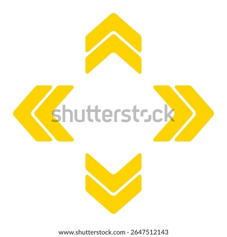 Arrow cluster icon. Yellow outlined chevrons pointing up, down, left, right. Indicates navigation, orientation, digital movement, or data flow.