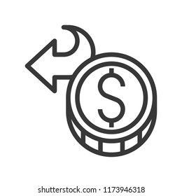 arrow and coin, cash back or refund money, bank and financial related icon, editable stroke outline