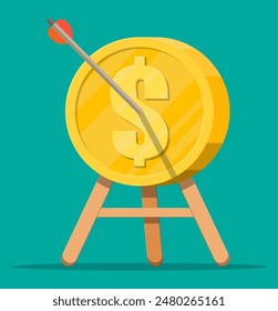 Arrow in coin target on tripod. Goal setting. Smart goal. Business target concept. Achievement and success. Vector illustration in flat style