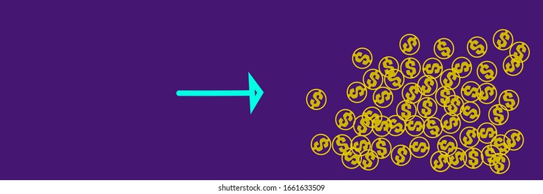  Arrow with coins on purple background 