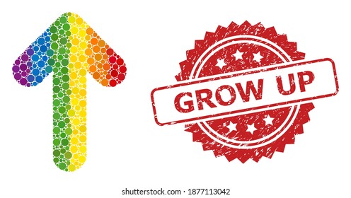Arrow up collage icon of circle dots in variable sizes and LGBT multicolored shades, and Grow Up grunge rosette stamp seal. A dotted LGBT-colored Arrow up for lesbians, gays, transgenders,