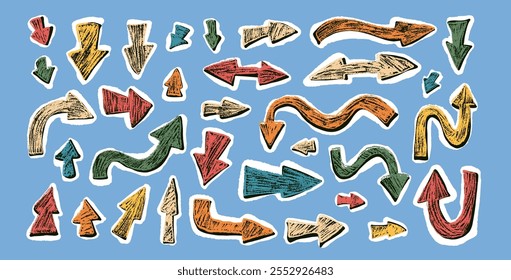 Arrow collage set crayon drawing Pointers isolated. Navigation path colorful marks. Scribble doodle paper signs. Vector hand drawn illustration