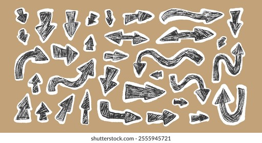 Arrow collage set crayon drawing Pointers isolated. Navigation marks. Scribble doodle paper signs. Vector hand drawn illustration