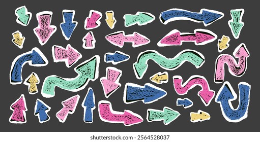 Arrow collage set crayon drawing Pointers isolated. Navigation marks. Scribble doodle paper signs. Vector hand drawn illustration.