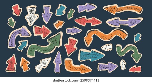 Arrow collage set crayon drawing Pointers isolated. Navigation path colorful marks. Scribble doodle paper signs. Vector hand drawn illustration.