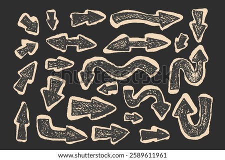 Arrow collage set crayon drawing Pointers craft paper isolated. Navigation marks. Scribble doodle paper signs. Vector hand drawn illustration.