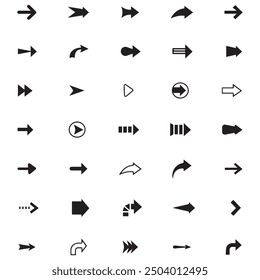 Arrow Kollektion von verschiedenen Stil-Design, flacher Pfeil einzeln auf weißem Hintergrund. Neonschwarze Pfeile setzen Symbol. Schönes Pfeilvektordesign. weißer Hintergrundpfeil, einzelne Kollektion.
