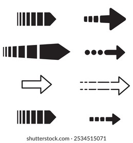 Colección de la flecha del diverso diseño del estilo, flecha plana aislada en el fondo blanco. Icono de conjunto de flechas negras de neón. Diseño hermoso del Vector de la flecha. colección aislada de la flecha del fondo blanco.