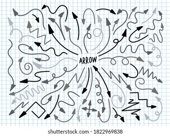 Estilo dibujado a mano de la colección de flechas. Diseño de elementos de línea de dibujo.Ilustración vectorial.