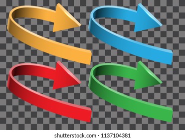 Arrow color 3D curve direction set collection on checkered background vector illustration.