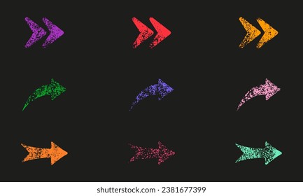 Arrow Color Grunge Set. Direction Sign With Ink Texture. Right Pointer, Grimy Rough Arrows Button Collection. Dirty Orientation Icon. Navigation Marker. Isolated Vector Illustration.