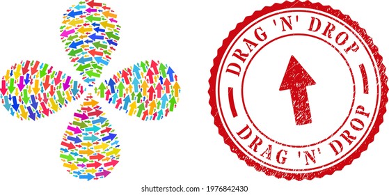 Arrow up colorful curl fireworks, and red round DRAG 'N' DROP rubber stamp imitation. Arrow up symbol inside round stamp print. Object flower with 4 petals created from scattered arrow up symbols.