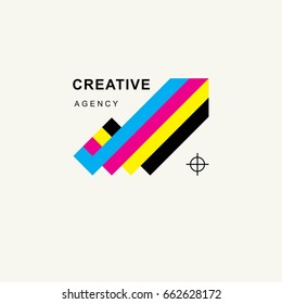 Arrow in colors CMYK upward tending . Trendy minimalistic template design for logos, emblems, symbols, Icon