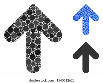 Arrow up composition of circle elements in variable sizes and shades, based on arrow up icon. Vector circle elements are combined into blue composition.
