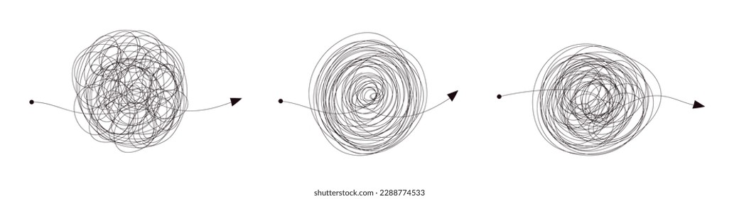 Arrow confused line. Messy doodle scribble icon. Complex and simple way. Chaos line knot . Vector isolated illustration