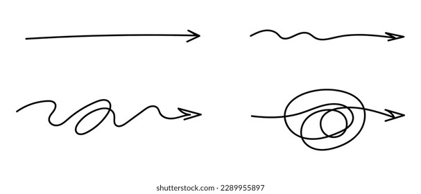 Arrow confused line. Messy doodle scribble icon. Complex and simple way. Chaos line knot . Vector isolated illustration