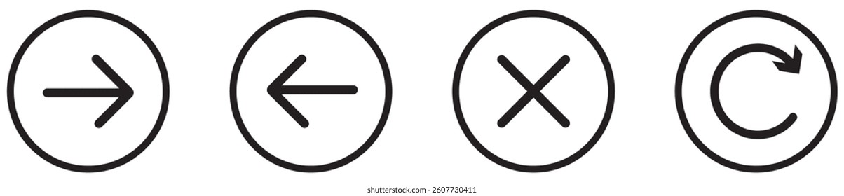Arrow control icons showing forward, back, close and refresh actions in thin circular outline style for clean UI navigation.
