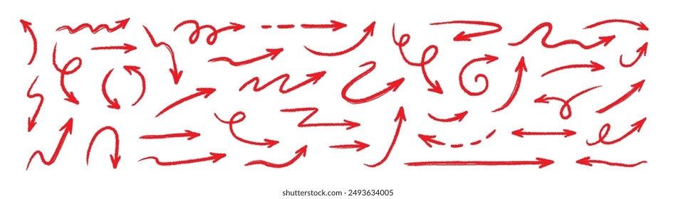 Arrow crayon brush doodle chalk red line stroke. Sketch pencil texture line scribble red arrow icon. Hand drawn grunge crayon brush sketch direction element set. Vector illustration