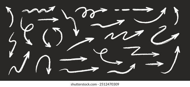 Arrow crayon brush doodle chalk line stroke. Sketch pencil texture line scribble arrow icon. Hand drawn grunge crayon brush sketch direction element on chalkboard. Vector illustration