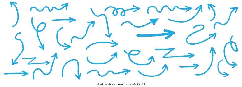 Arrow crayon brush doodle chalk line stroke. Sketch pencil texture line scribble arrow icon. Hand drawn grunge crayon brush sketch direction element on chalkboard. Vector illustration