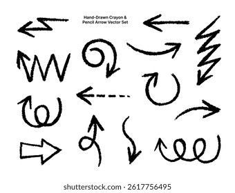 Arrow crayon brush doodle chalk line stroke. Sketch pencil texture line scribble arrow icon. Hand drawn grunge crayon brush sketch direction element on chalkboard. Vector illustration