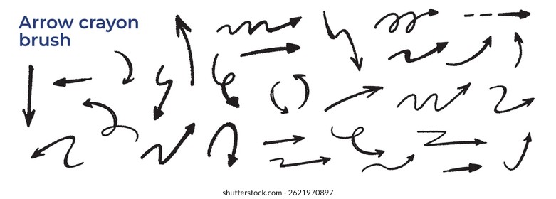 Arrow crayon brush doodle chalk line stroke. Sketch pencil texture line scribble arrow icon. Hand drawn grunge crayon brush sketch direction element set. Vector illustration