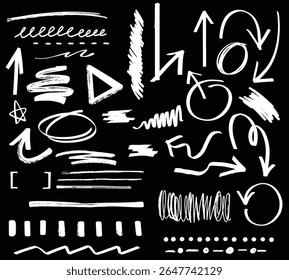 Arrow crayon brush doodle chalk line stroke. Sketch pencil texture line scribble arrow icon. Hand drawn grunge crayon brush sketch direction element on chalkboard. Vector illustration