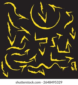 Arrow crayon brush doodle chalk line stroke. Sketch pencil texture line scribble arrow icon. Hand drawn grunge crayon brush sketch direction element on chalkboard. Vector illustration