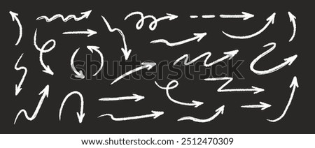 Arrow crayon brush doodle chalk line stroke. Sketch pencil texture line scribble arrow icon. Hand drawn grunge crayon brush sketch direction element on chalkboard. Vector illustration