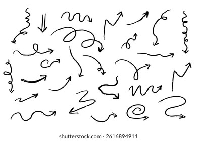 Arrow crayon chalk hand drawn doodle grunge line set. Cursor scribble wavy swirl, comic simple element. Spiral textured direction pointer.