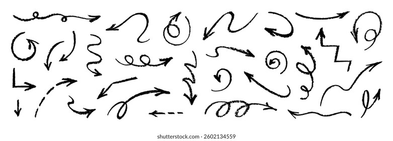 Arrow crayon doodle sketch. Brush, chalk or pencil texture png. Line hand drawn vector arrow. Stroke scribble icon set. Grunge marker brush crayon chalk charcoal bg. Doodle line pastel element design