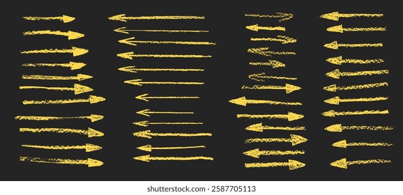 Arrow crayon drawn set. Straight thin pointers doodle elements. Vector direct arrows by pencil. Colorful way stroke shapes set. Grunge chalk path graphic freehand figures isolated.
