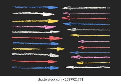 Arrow crayon drawn set. Straight thin pointers doodle elements. Vector direct arrows by pencil. Colorful way stroke shapes. Grunge chalk path graphic freehand illustration on dark background.