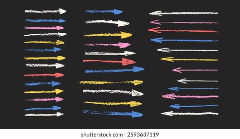 Arrow crayon drawn set. Straight thin pointers doodle elements. Vector direction arrows by pencil. Colorful way stroke shapes. Grunge chalk path graphic freehand illustration on dark background.
